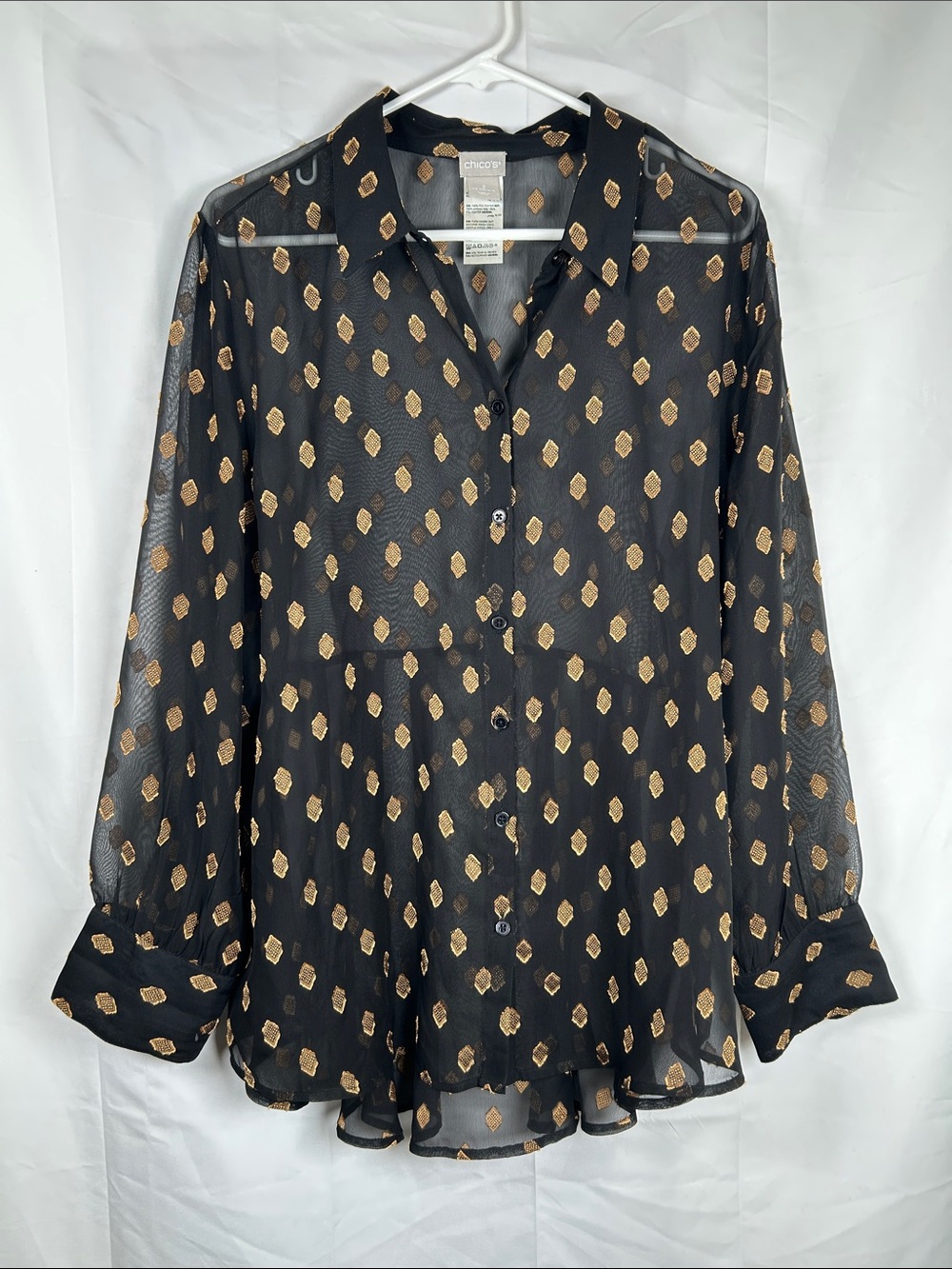 Chicos Sheer Black Button Up Blouse Size 16/18 Gold Geometric Pattern